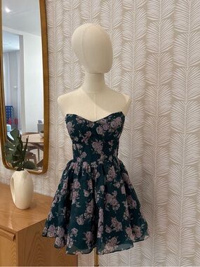 B Darlin Teal Floral Strapless Sweetheart Mini Dress with Lavender Blooms